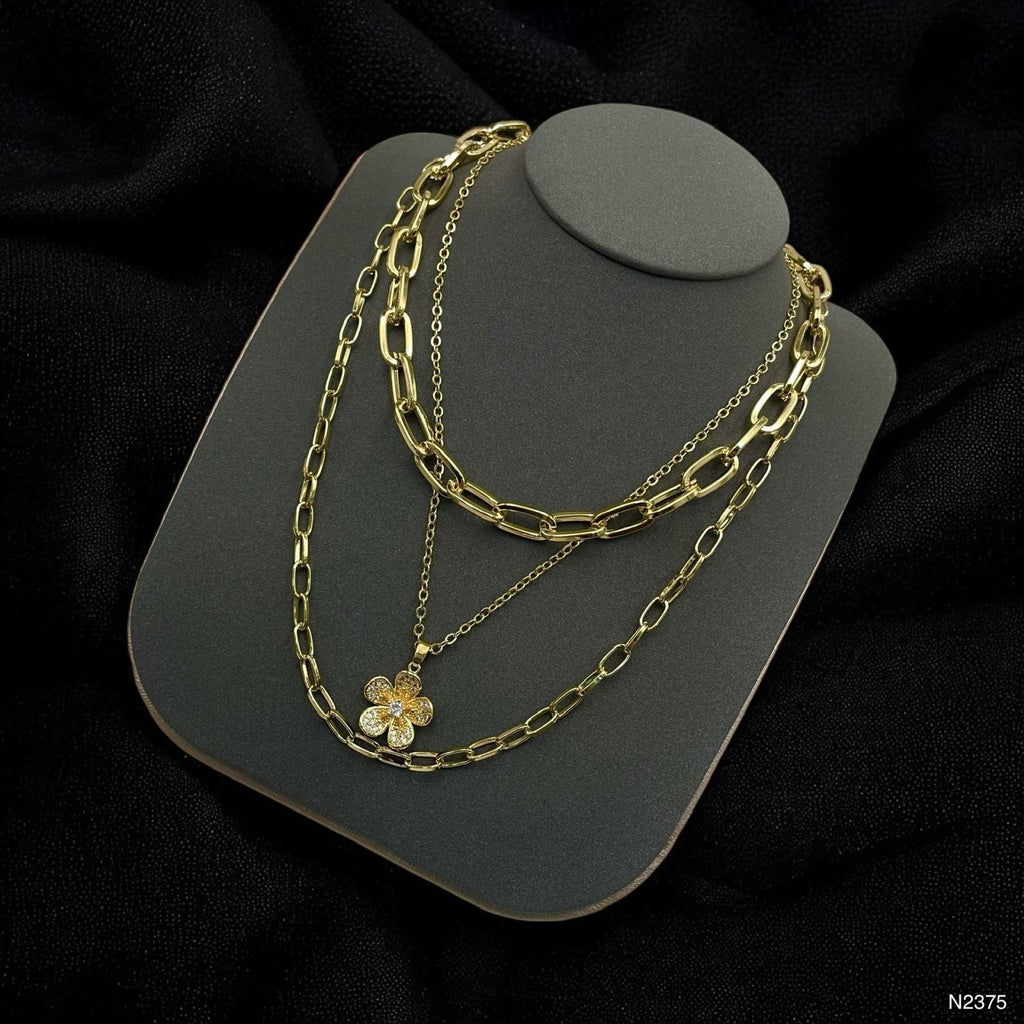 Flower CZ 18K Gold Anti Tarnish Three Layer Link Chain Necklace Bulk