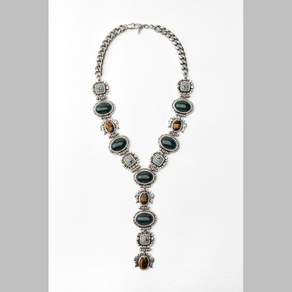 Vintage Ethnic Gemstone Silver Green Brown Y Necklace For Women Bulk Main image