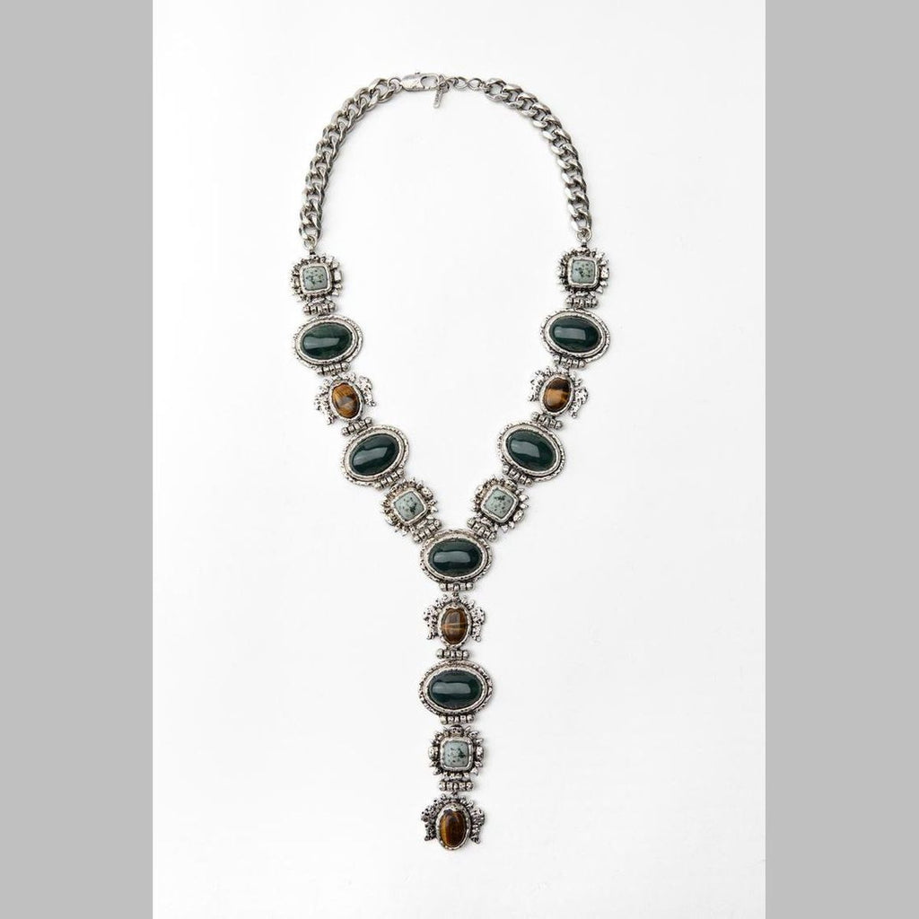 Vintage Ethnic Gemstone Silver Green Brown Y Necklace For Women Bulk