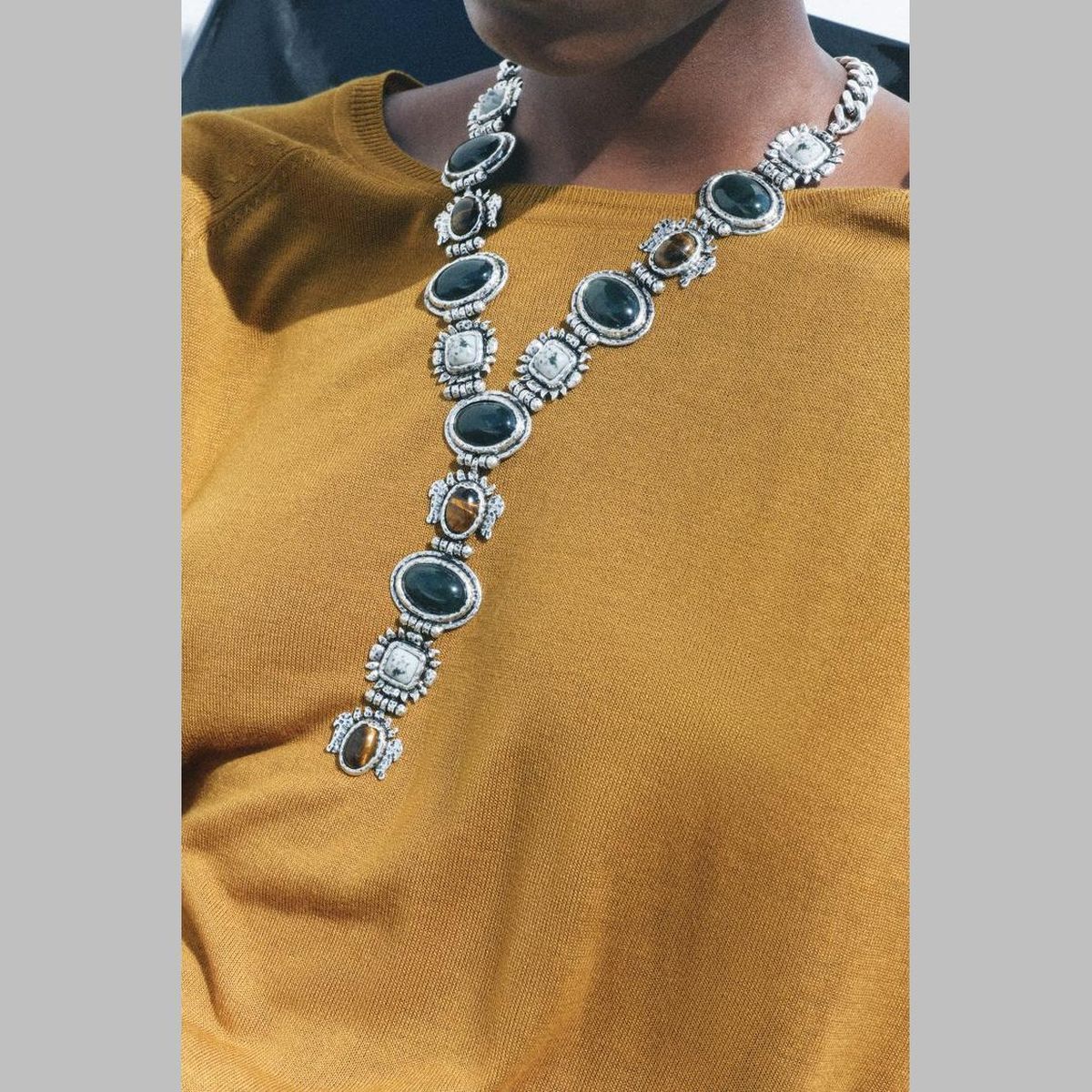 Vintage Ethnic Gemstone Silver Green Brown Y Necklace For Women Bulk