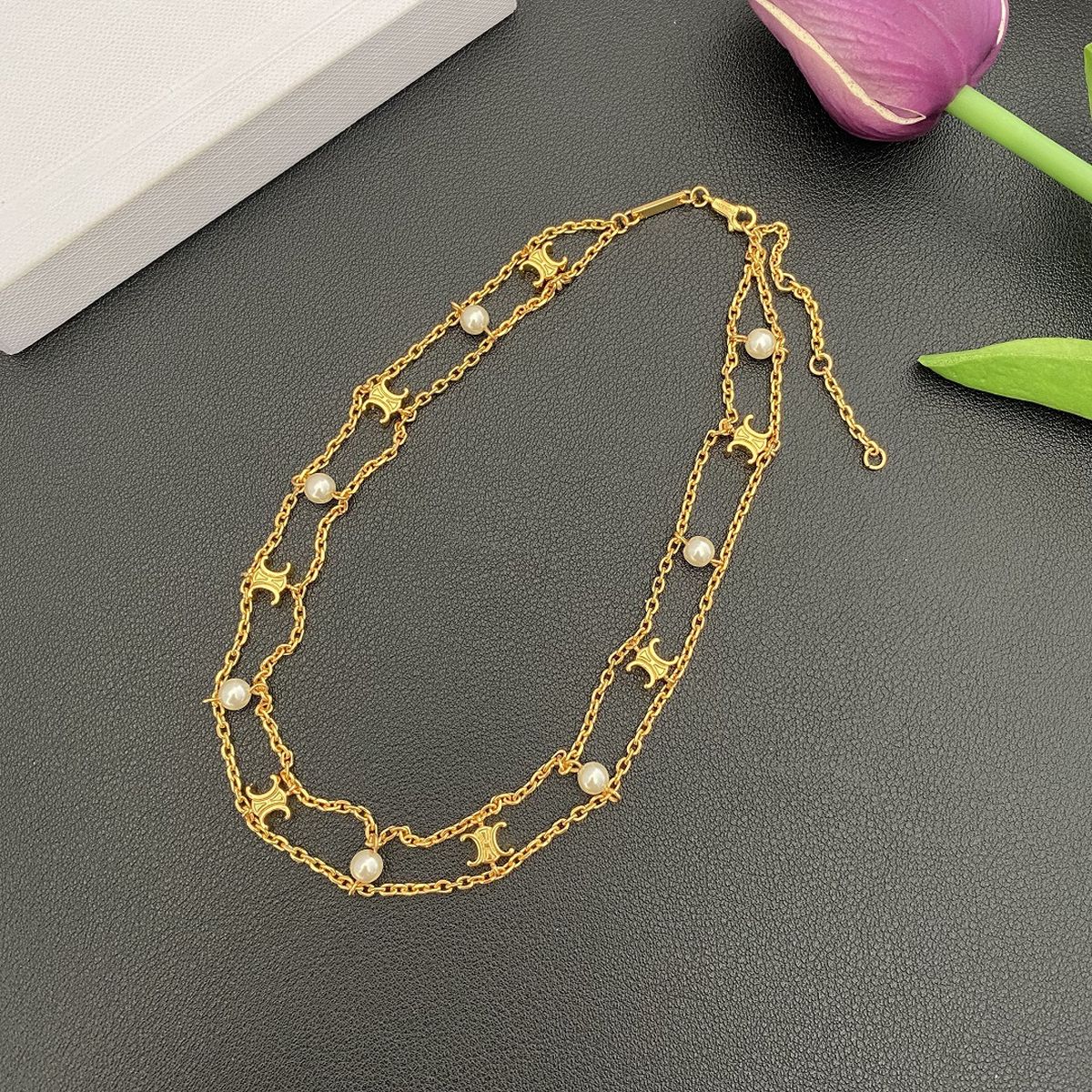 Dual Layer Pearl Gold White Anti Tarnish Choker Chain Necklace Bulk Main image
