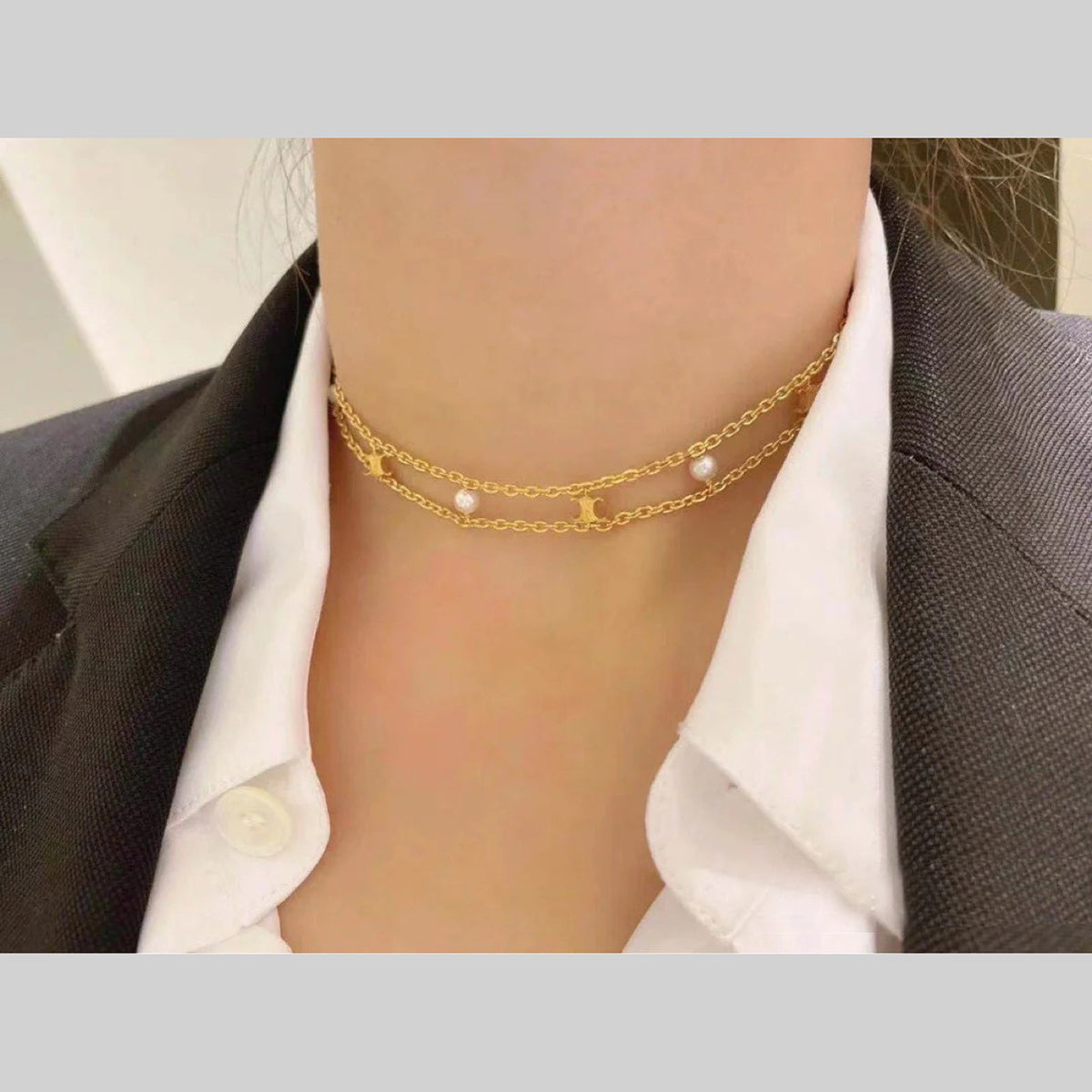 Dual Layer Pearl Gold White Anti Tarnish Choker Chain Necklace Bulk Secondary image