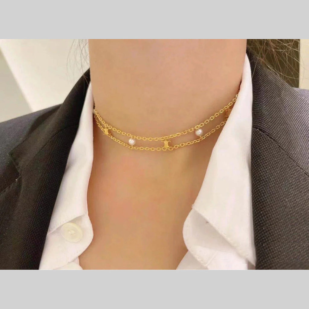 Dual Layer Pearl Gold White Anti Tarnish Choker Chain Necklace Bulk