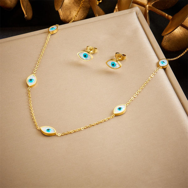 Evil Eye Stainless Steel Mother Of Pearl 18K Gold White Necklace Earring Set For Women Main image