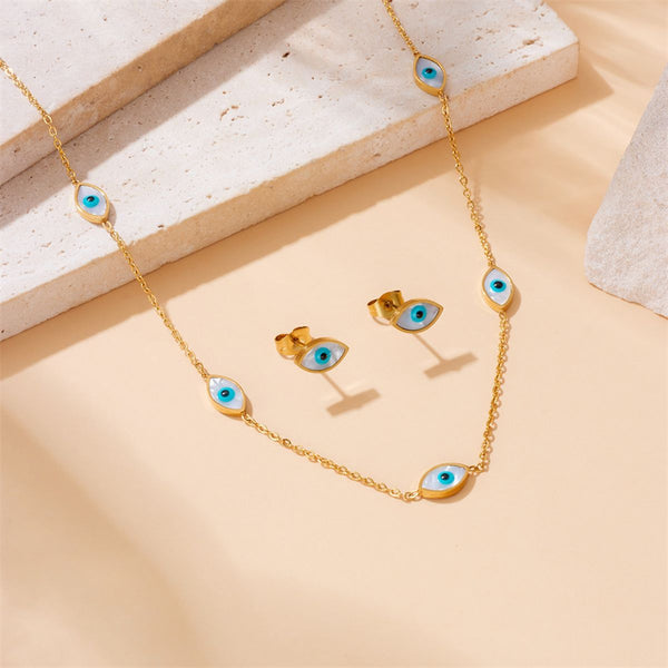 Evil Eye Stainless Steel Mother Of Pearl 18K Gold White Necklace Earring Set For Women Secondary image