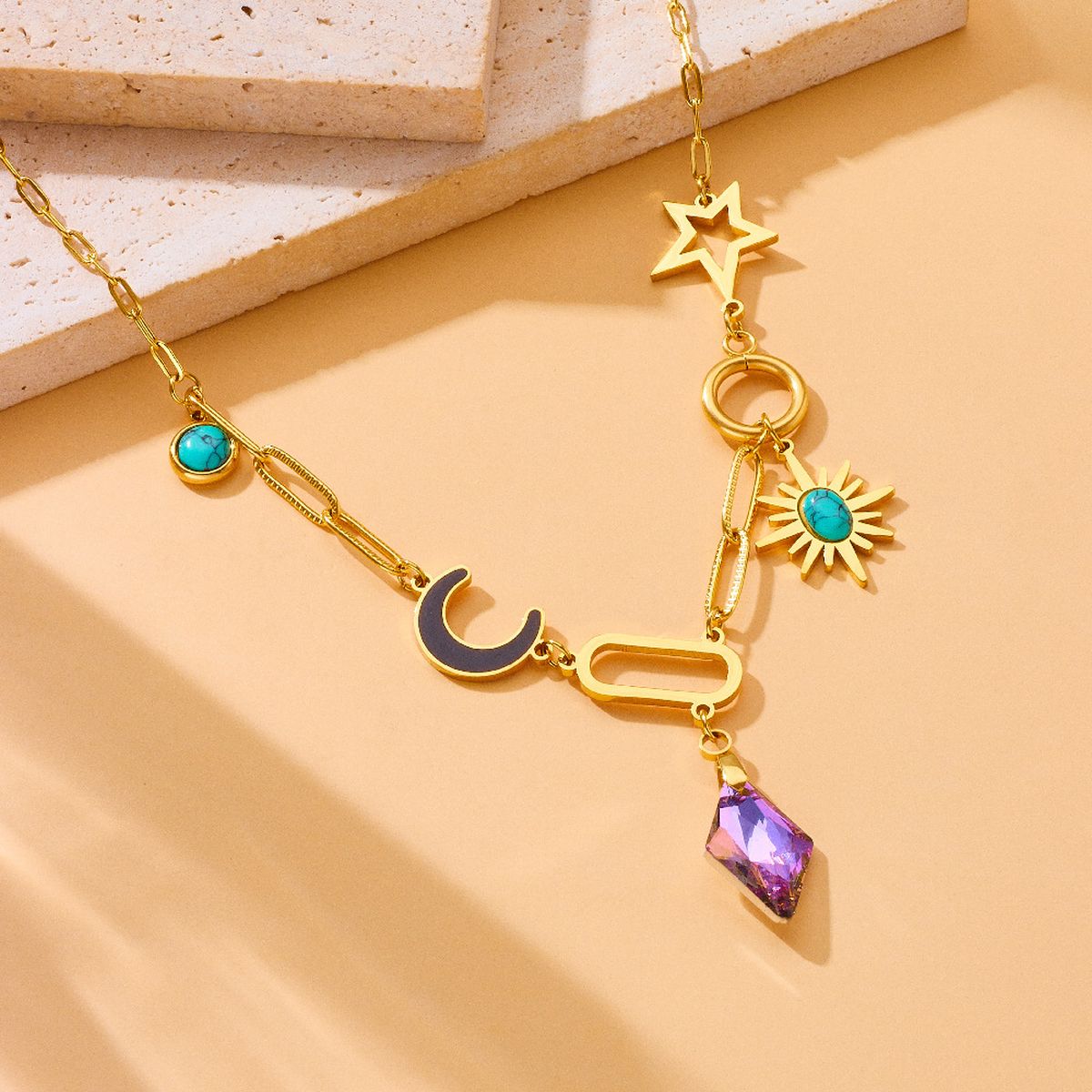 Moon Sun Star Stainless Steel Crystal Beads 18K Gold Multi Charm Link Chain Necklace For Women Main image