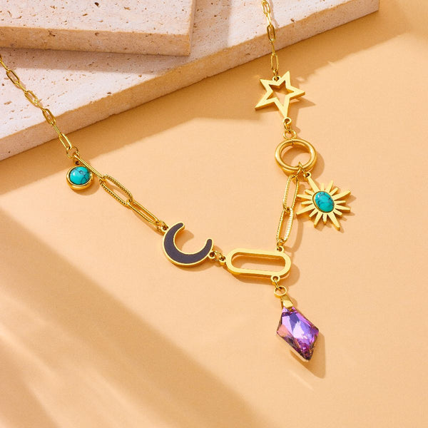 Moon Sun Star Stainless Steel Crystal Beads 18K Gold Multi Charm Link Chain Necklace For Women Main image