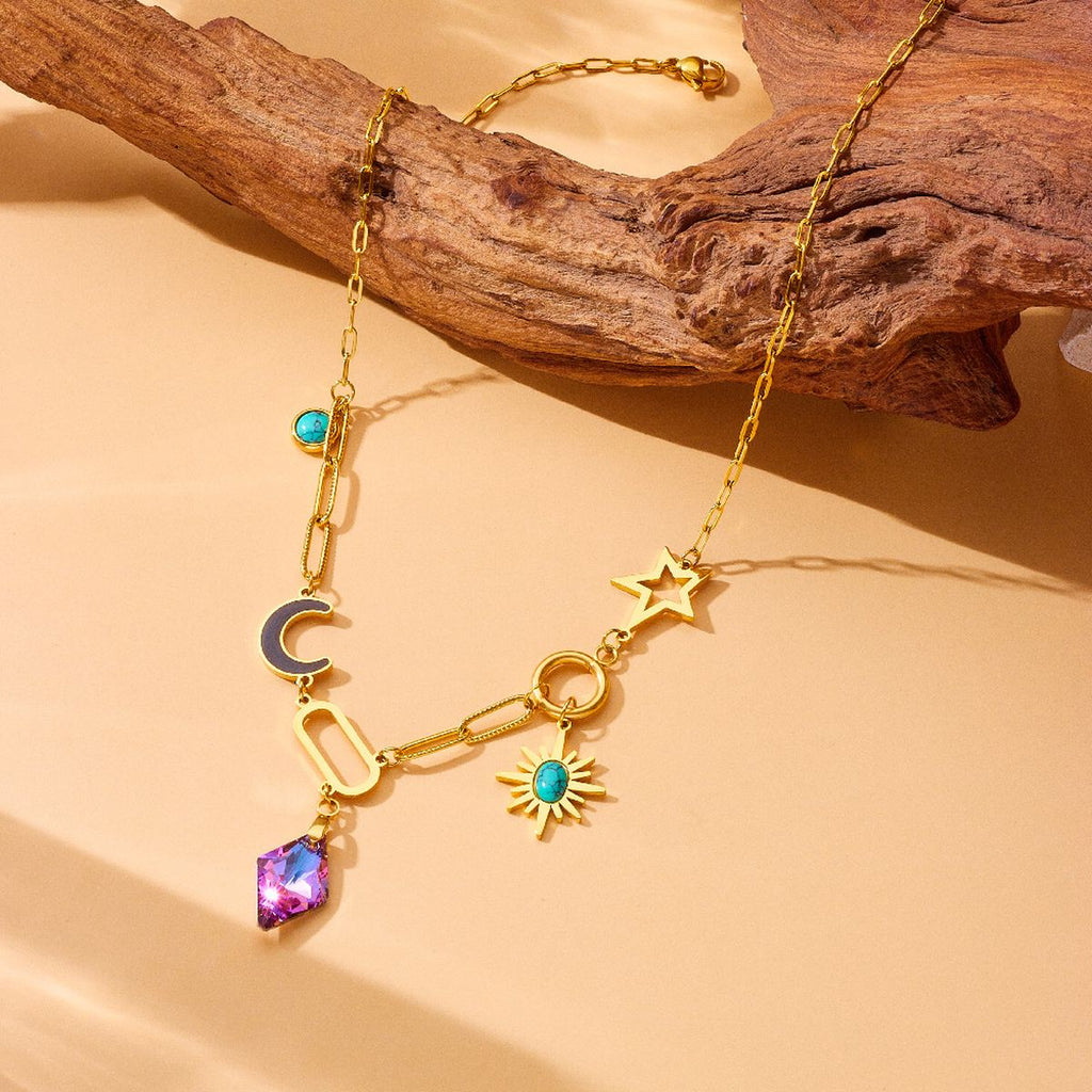 Moon Sun Star Stainless Steel Crystal Beads 18K Gold Multi Charm Link Chain Necklace For Women