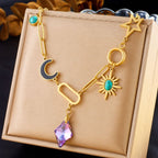 Moon Sun Star Stainless Steel Crystal Beads 18K Gold Multi Charm Link Chain Necklace For Women