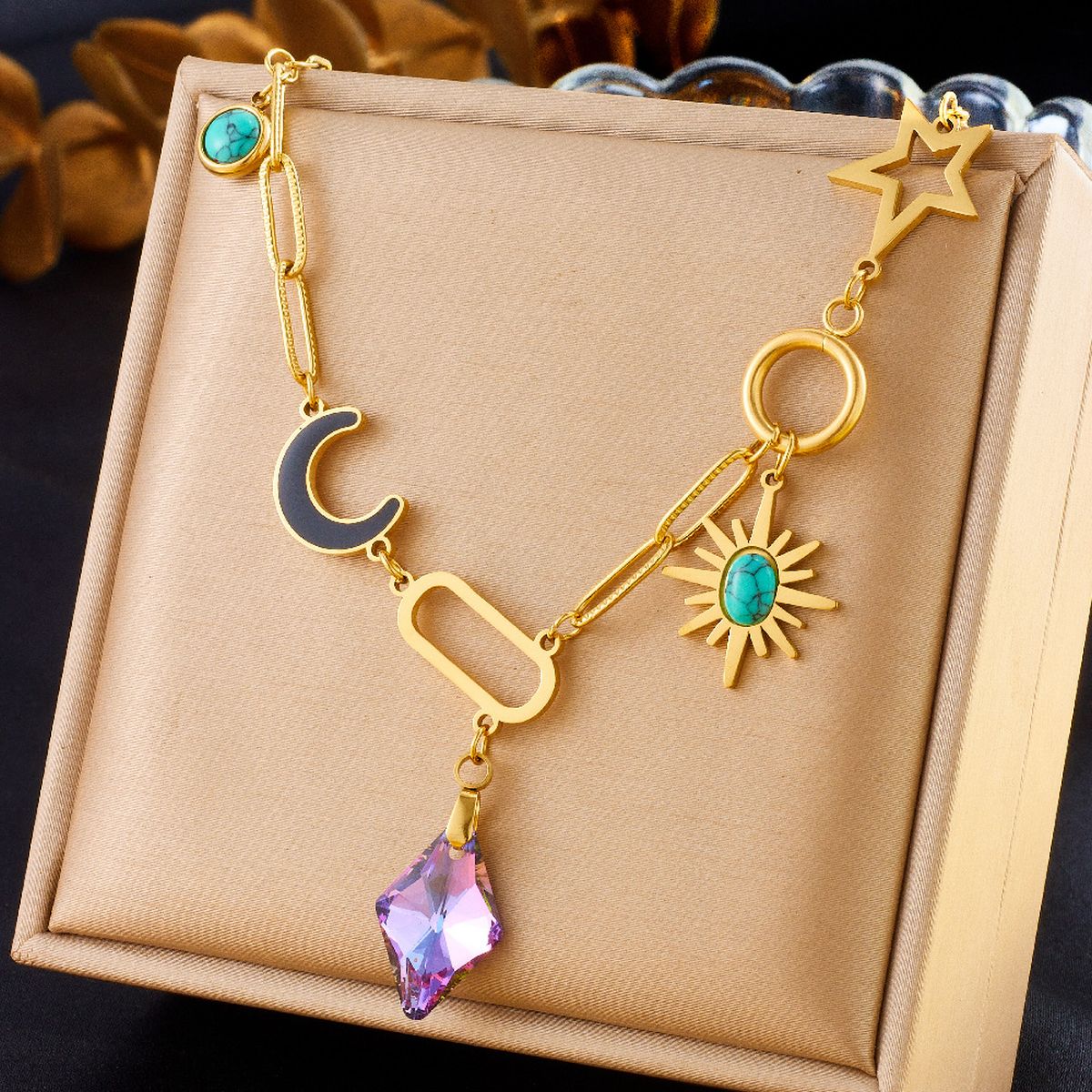 Moon Sun Star Stainless Steel Crystal Beads 18K Gold Multi Charm Link Chain Necklace For Women