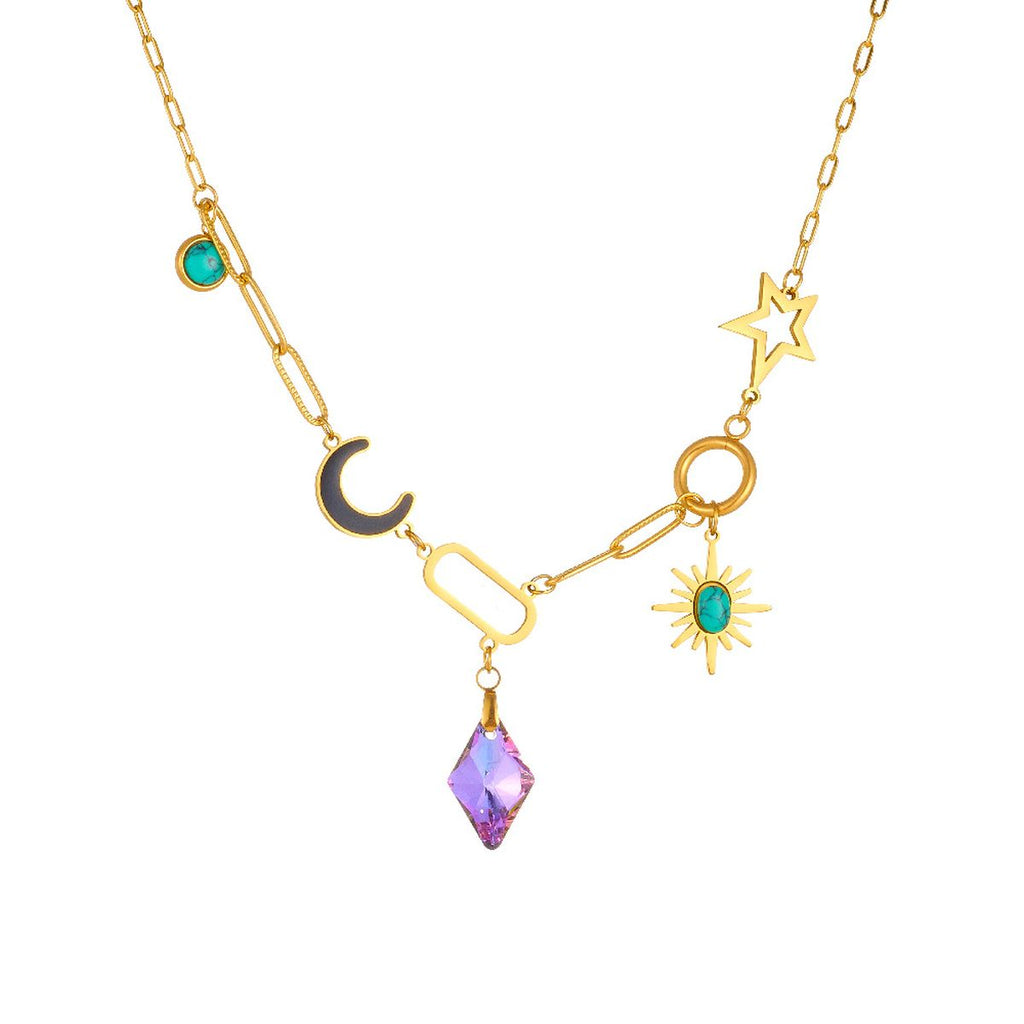 Moon Sun Star Stainless Steel Crystal Beads 18K Gold Multi Charm Link Chain Necklace For Women