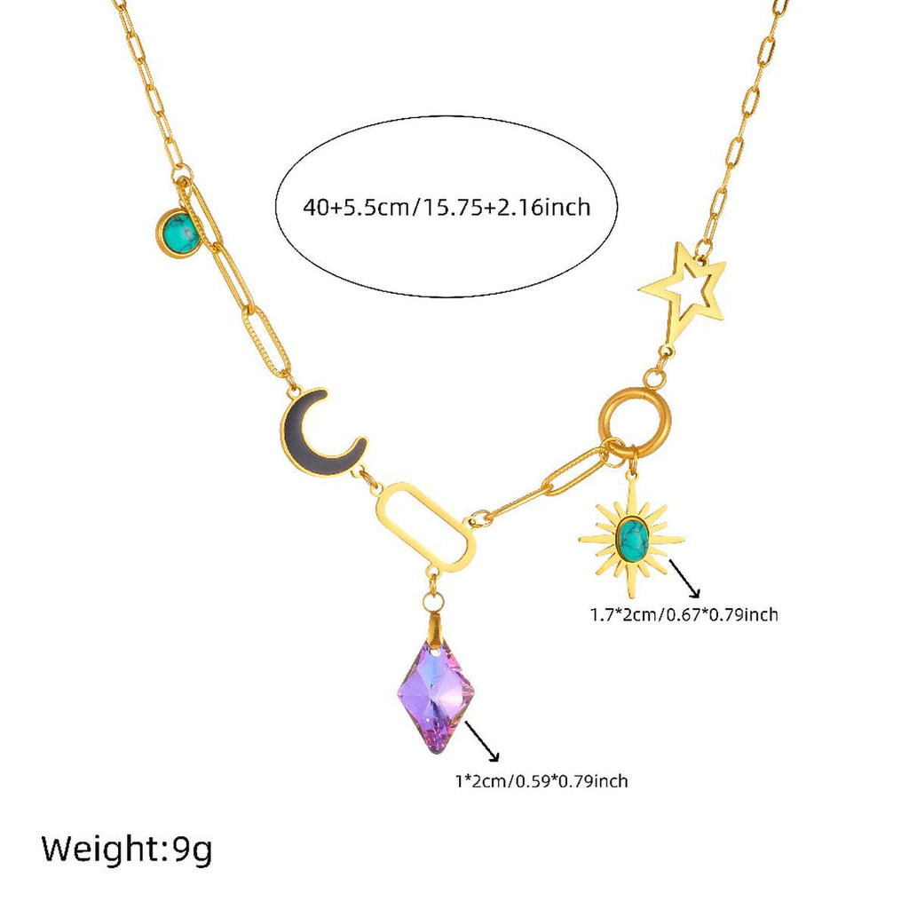 Moon Sun Star Stainless Steel Crystal Beads 18K Gold Multi Charm Link Chain Necklace For Women