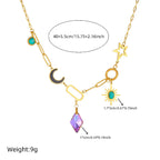 Moon Sun Star Stainless Steel Crystal Beads 18K Gold Multi Charm Link Chain Necklace For Women