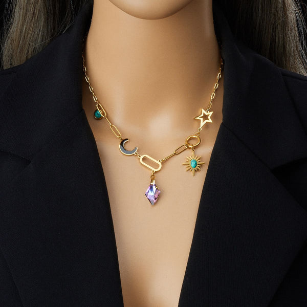 Moon Sun Star Stainless Steel Crystal Beads 18K Gold Multi Charm Link Chain Necklace For Women Secondary image