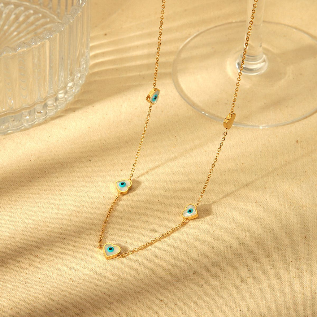 Heart Evil Eye Stainless Steel Mother Of Pearl 18K Gold White Link Chain Necklace For Women