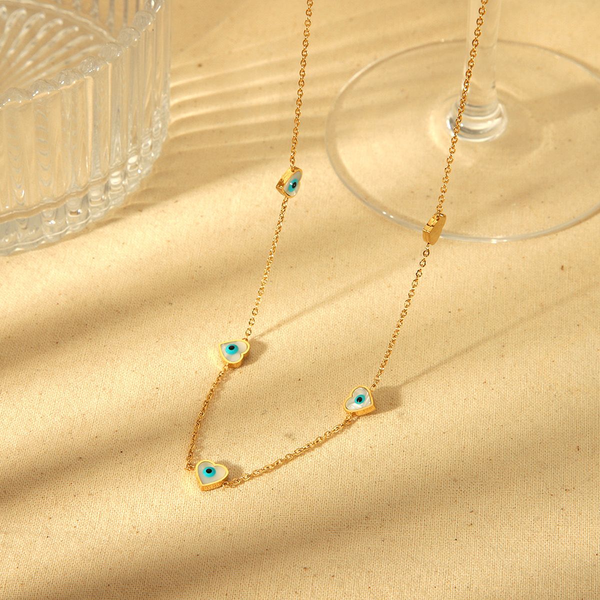 Heart Evil Eye Stainless Steel Mother Of Pearl 18K Gold White Link Chain Necklace For Women