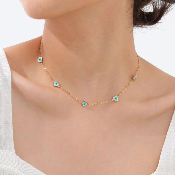 Heart Evil Eye Stainless Steel Mother Of Pearl 18K Gold White Link Chain Necklace For Women Secondary image
