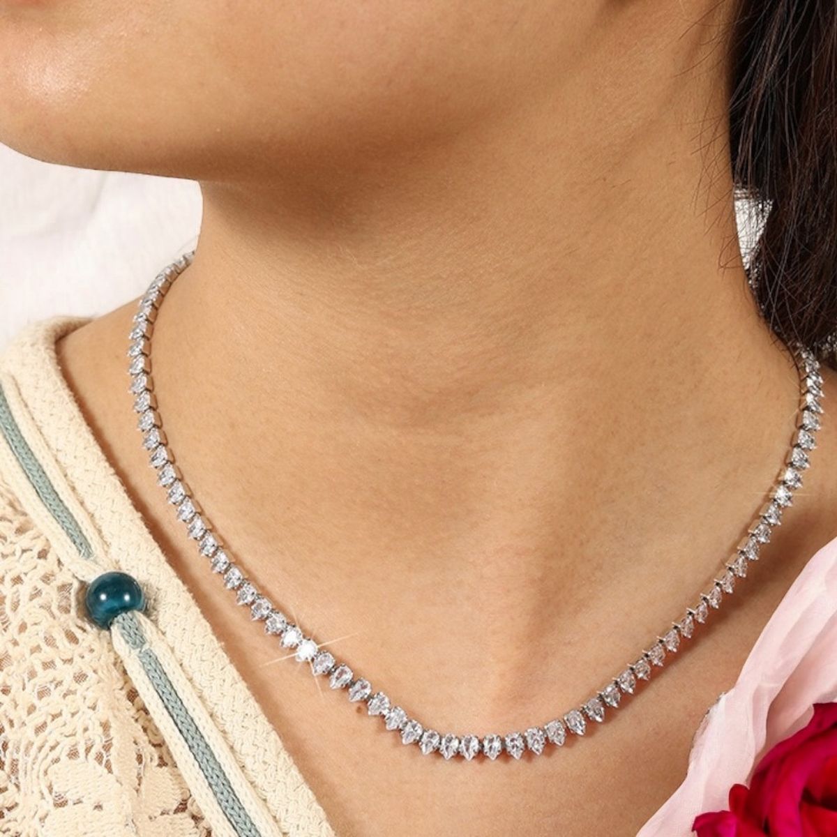 Drop Solitaire Silver Cubic Zirconia Chain Necklace For Women Bulk