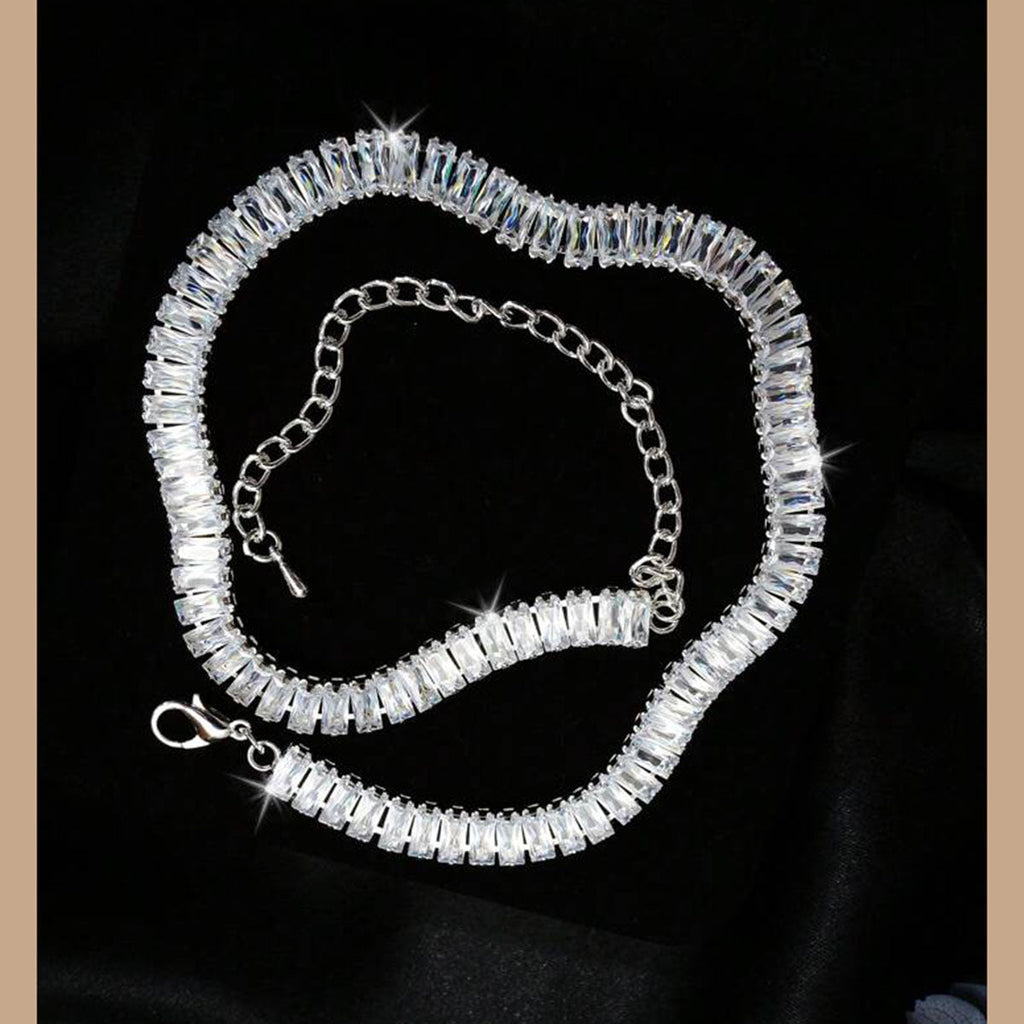 Baguette Solitaire Silver Cubic Zirconia Chain Necklace For Women