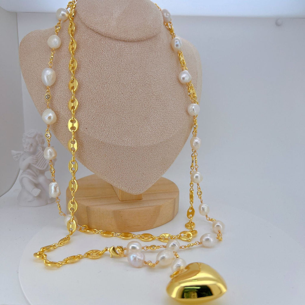 Heart Pearl 18K Gold White Anti Tarnish Long Y Necklace For Women