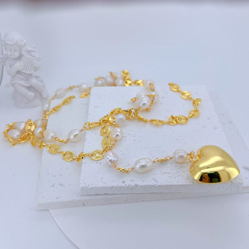 Heart Pearl 18K Gold White Anti Tarnish Long Y Necklace For Women