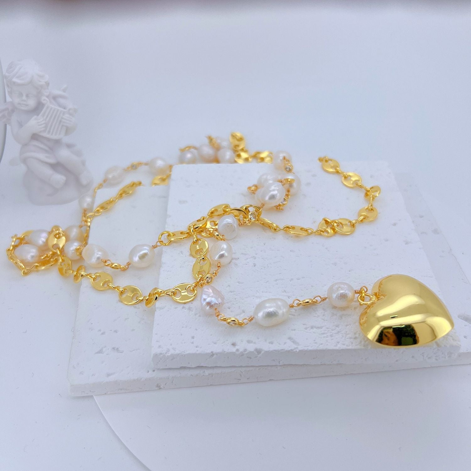 Heart Pearl 18K Gold White Anti Tarnish Long Y Necklace For Women
