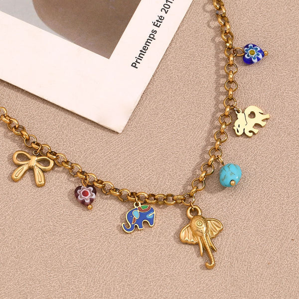 Elephant Beads Enamel Multicolour 18K Gold Stainless Steel Anti Tarnish Charm Necklace For Women Main image