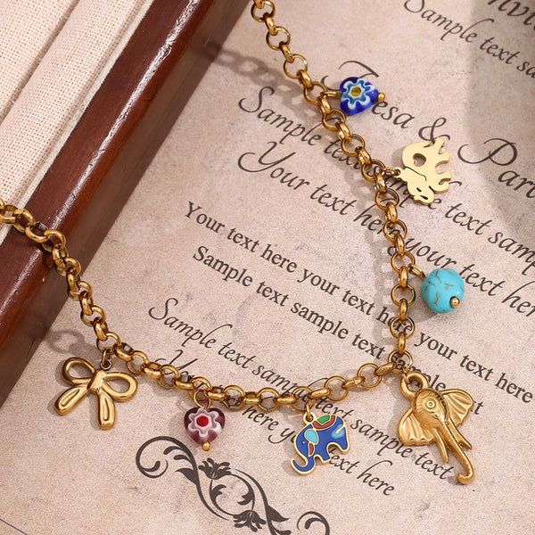 Elephant Beads Enamel Multicolour 18K Gold Stainless Steel Anti Tarnish Charm Necklace For Women Secondary image
