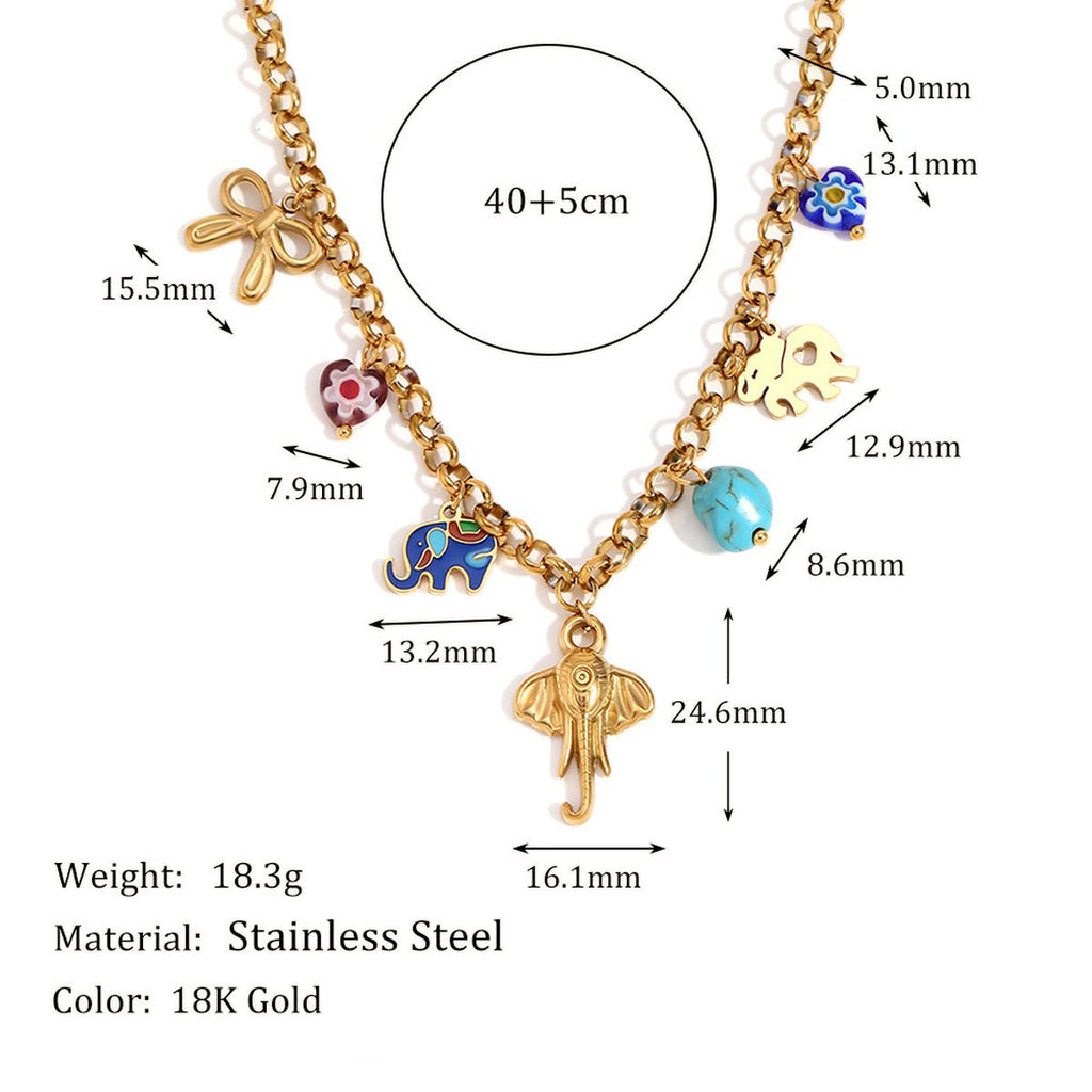 Elephant Beads Enamel Multicolour 18K Gold Stainless Steel Anti Tarnish Charm Necklace For Women
