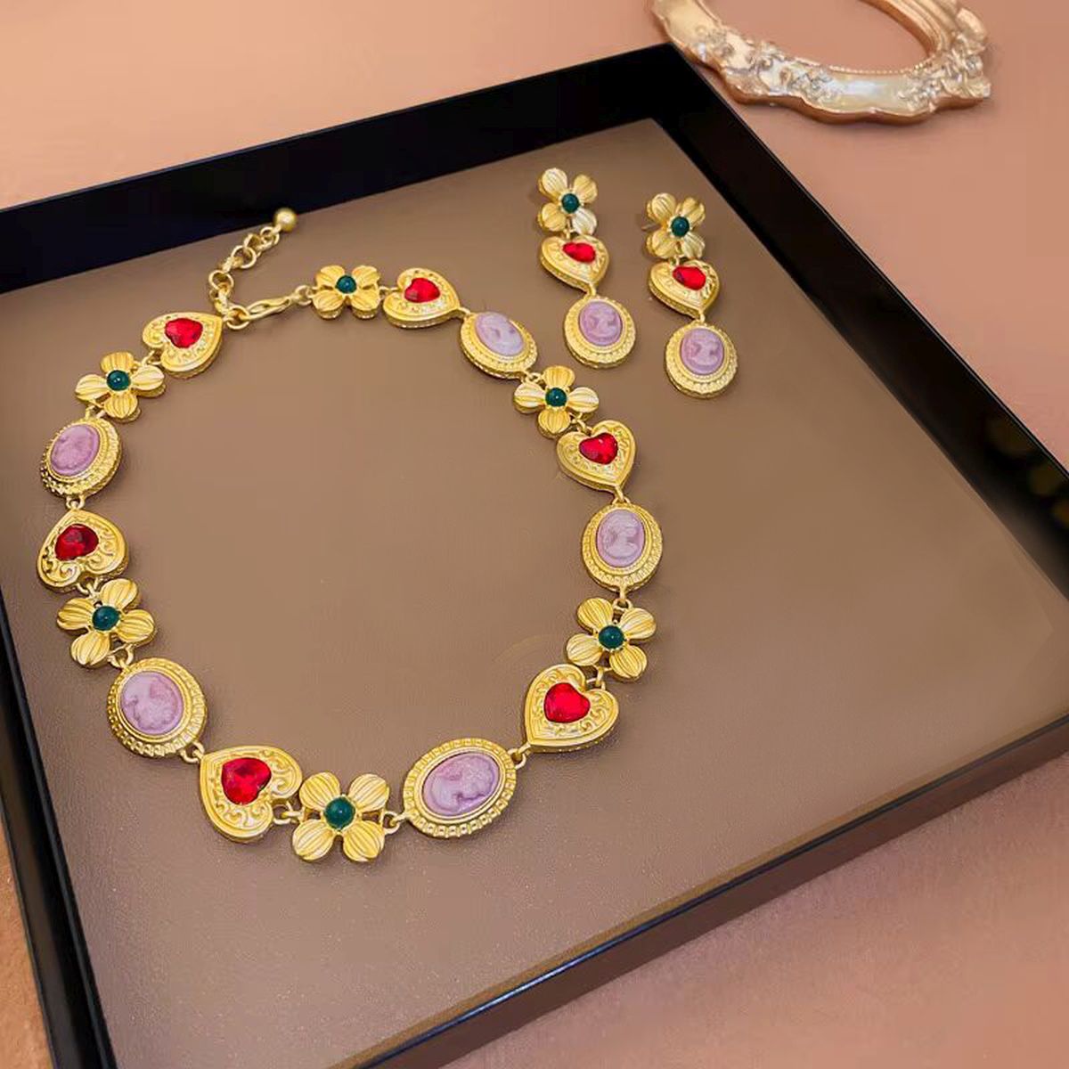 Heart Flower Crystal Beads 18K Gold Multi Necklace Earring Set Bulk Main image