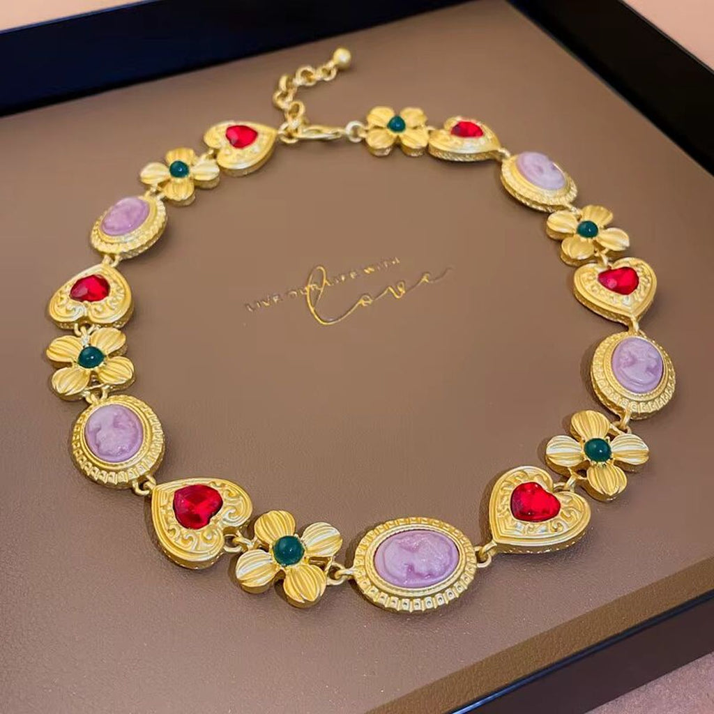 Heart Flower Crystal Beads 18K Gold Multi Necklace Earring Set Bulk
