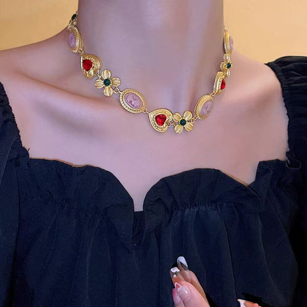 Heart Flower Crystal Beads 18K Gold Multi Necklace Earring Set Bulk