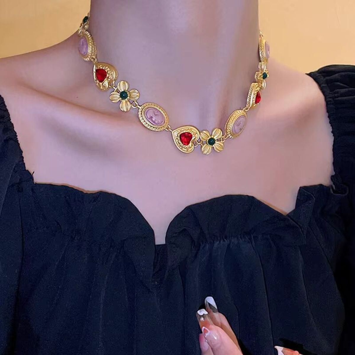 Heart Flower Crystal Beads 18K Gold Multi Necklace Earring Set Bulk