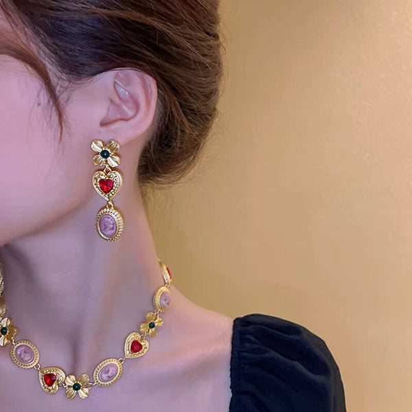 Heart Flower Crystal Beads 18K Gold Multi Necklace Earring Set Bulk Secondary image