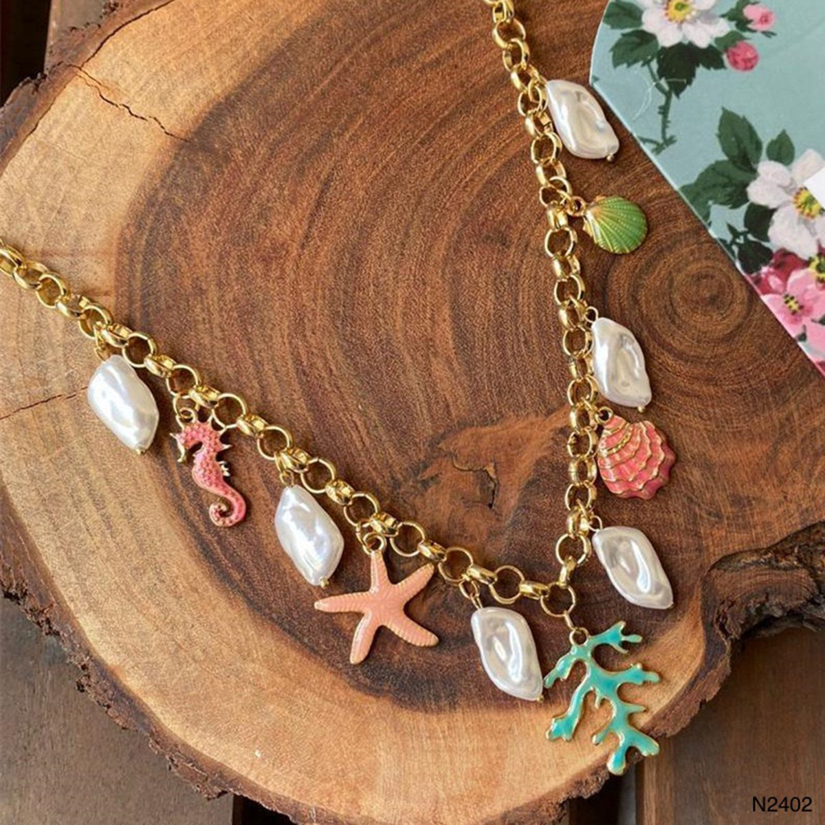 Tree Root Star Fish Charm Pearl Enamel Multicolour 18K Gold Anti Tarnish Chain Necklace For Women Main image