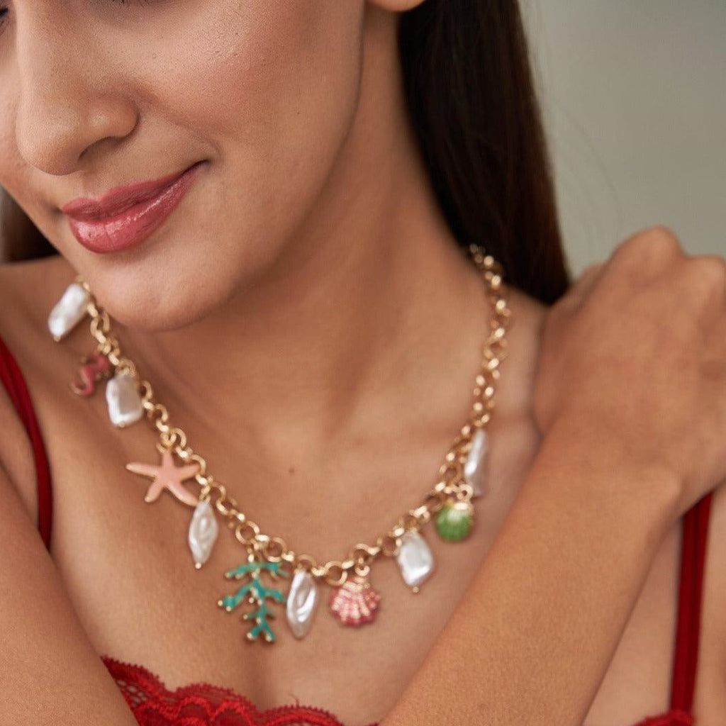 Tree Root Star Fish Charm Pearl Enamel Multicolour 18K Gold Anti Tarnish Chain Necklace For Women