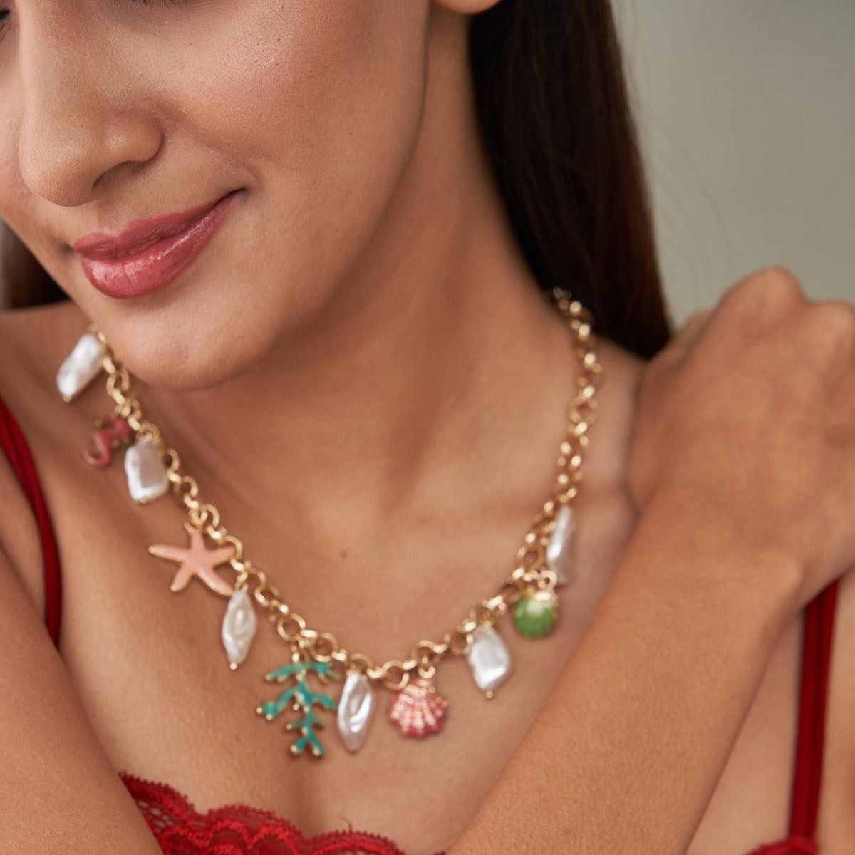 Tree Root Star Fish Charm Pearl Enamel Multicolour 18K Gold Anti Tarnish Chain Necklace For Women