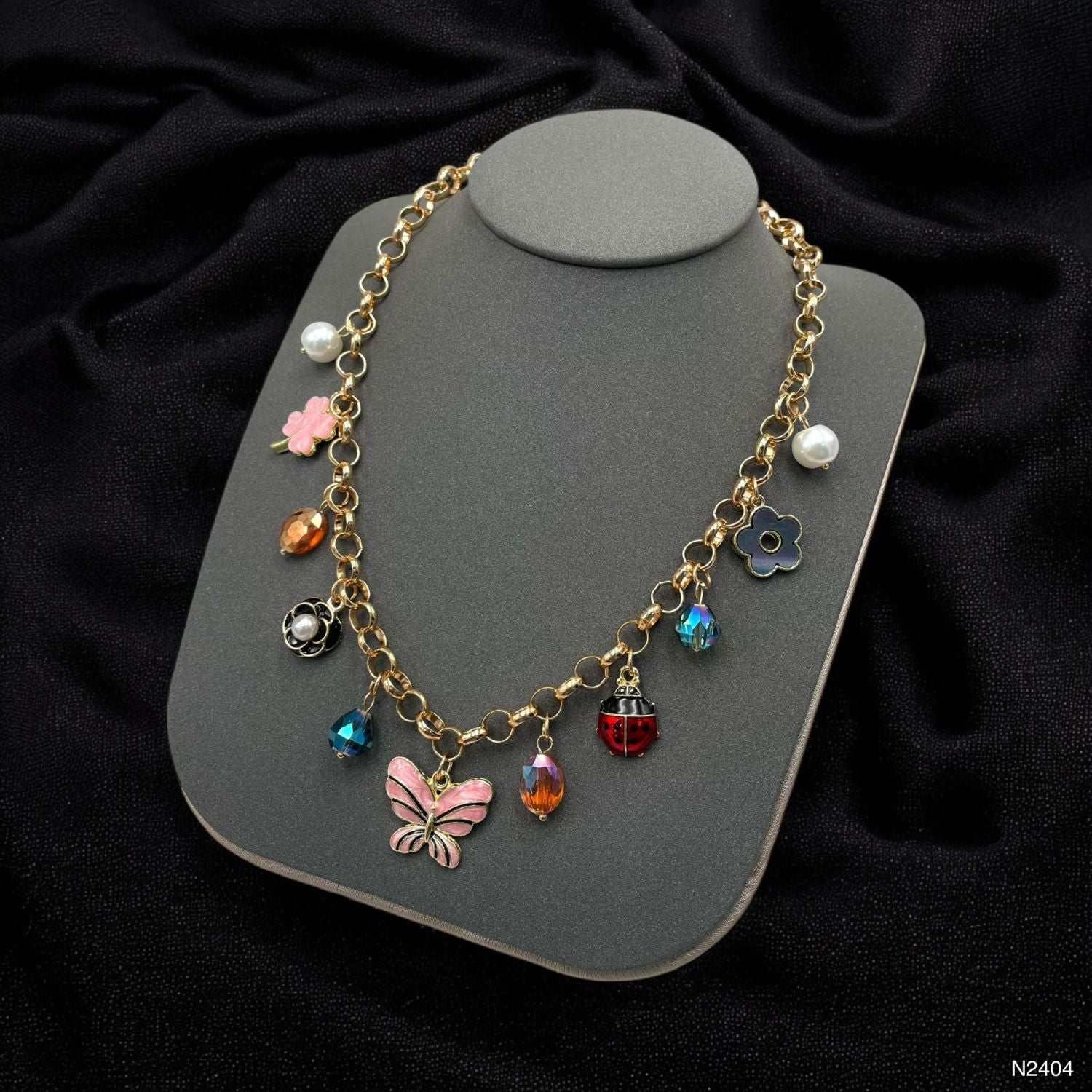 Butterfly Heart Charm Beads Enamel Multicolour 18K Gold Anti Tarnish Chain Necklace For Women Main image