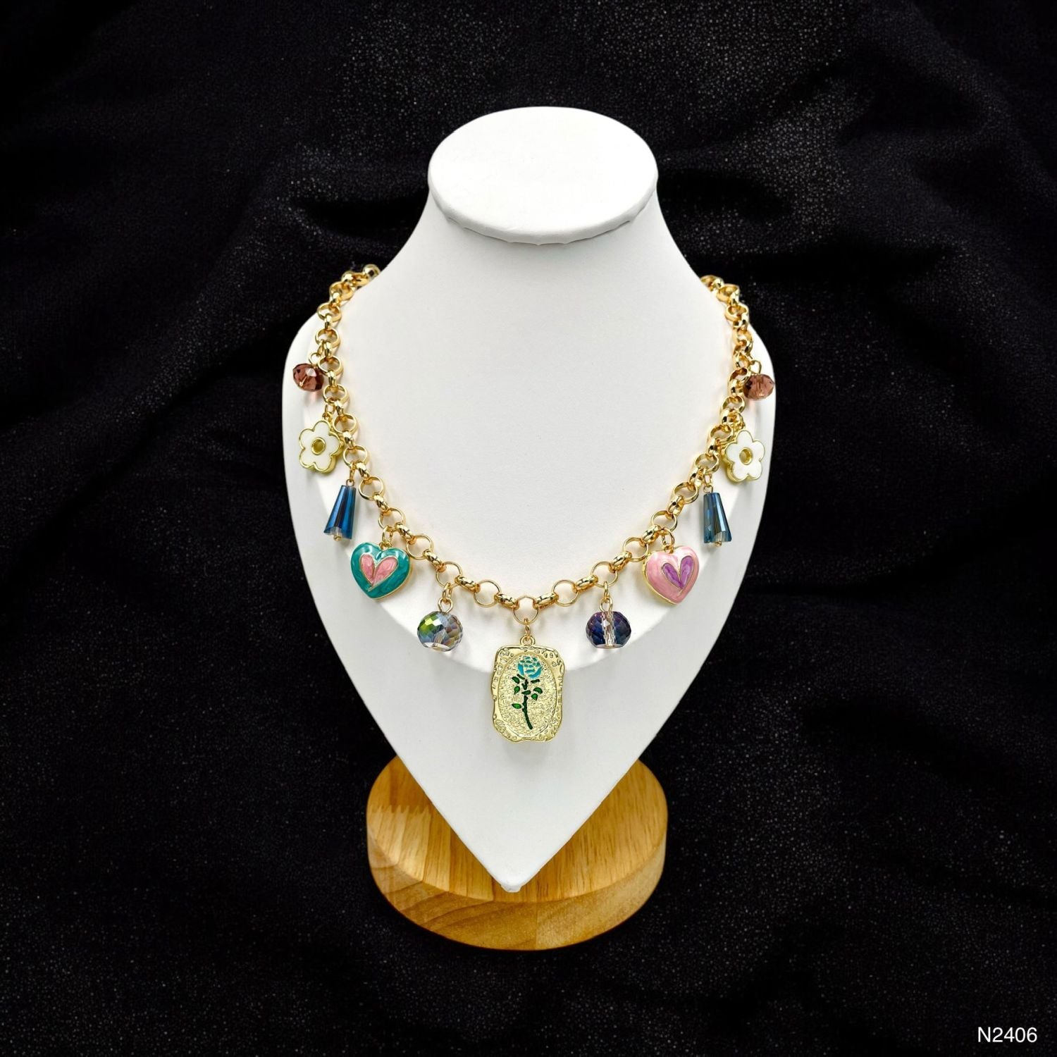 Heart Flower Charm Beads Multi Gold Anti Tarnish Chain Necklace Bulk Main image