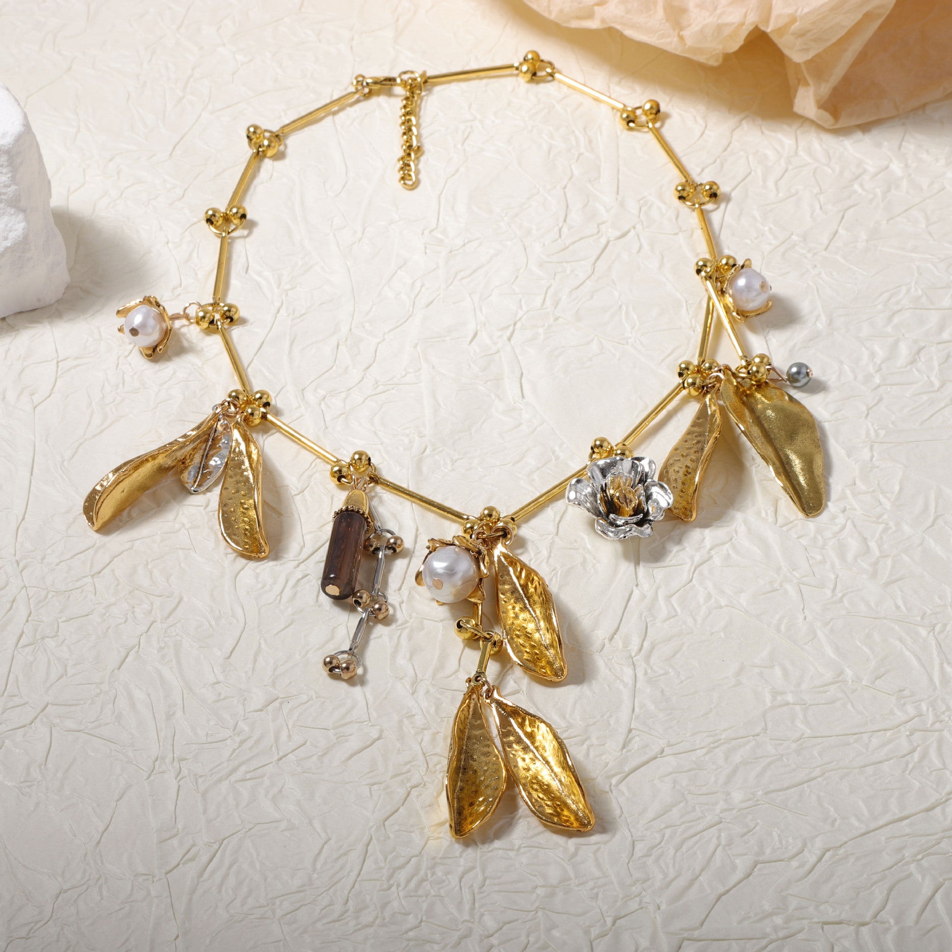 Beaten Finish Leaf Flower Pearl Beads Brown 18K Gold Necklace Bulk