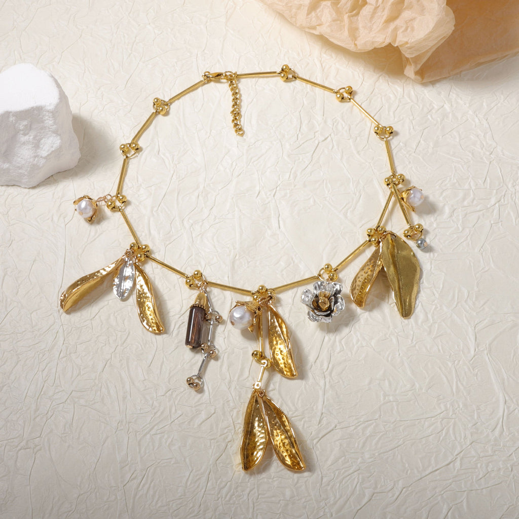 Beaten Finish Leaf Flower Pearl Beads Brown 18K Gold Necklace Bulk