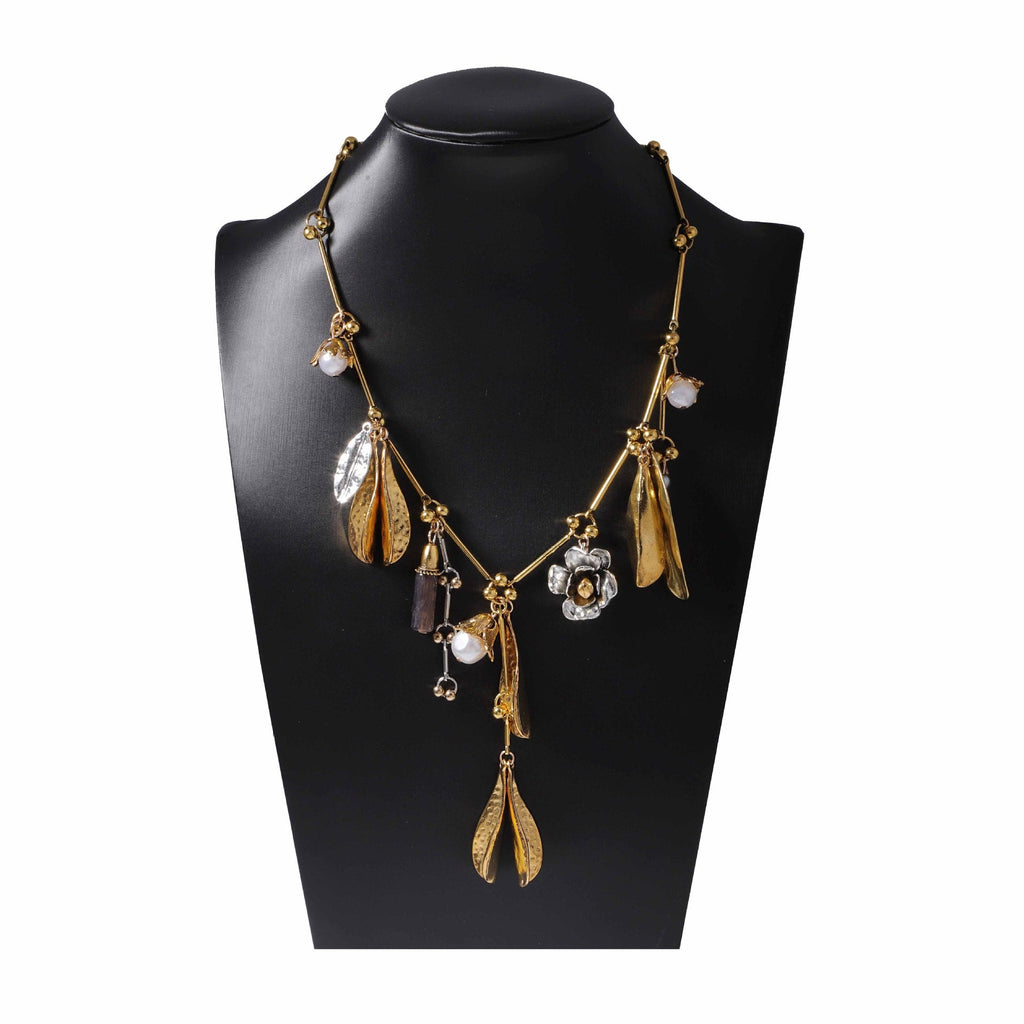 Beaten Finish Leaf Flower Pearl Beads Brown 18K Gold Necklace Bulk
