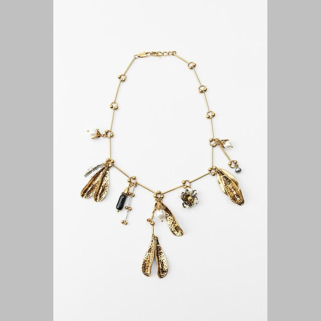Beaten Finish Leaf Flower Pearl Beads Brown 18K Gold Necklace Bulk