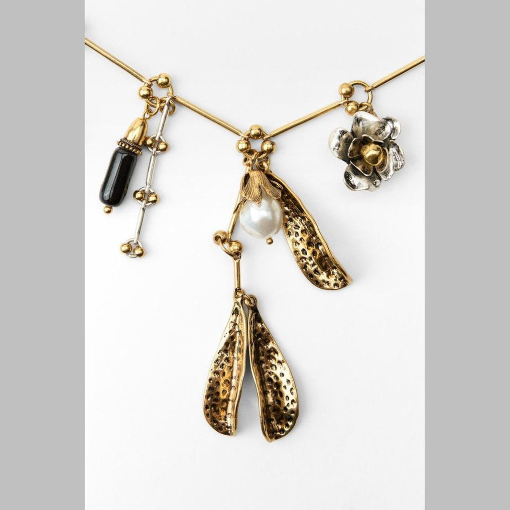 Beaten Finish Leaf Flower Pearl Beads Brown 18K Gold Necklace Bulk
