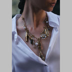 Beaten Finish Leaf Flower Pearl Beads Brown 18K Gold Necklace Bulk