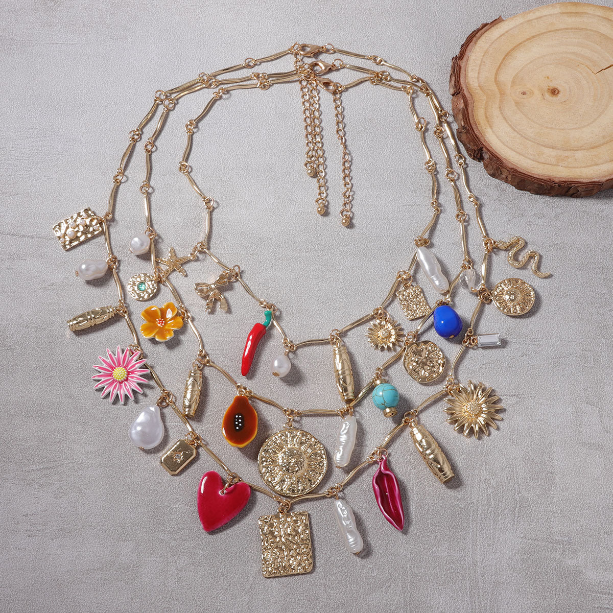 Multi Layer Charm Pearl Enamel 18K Gold Necklace For Women Main image