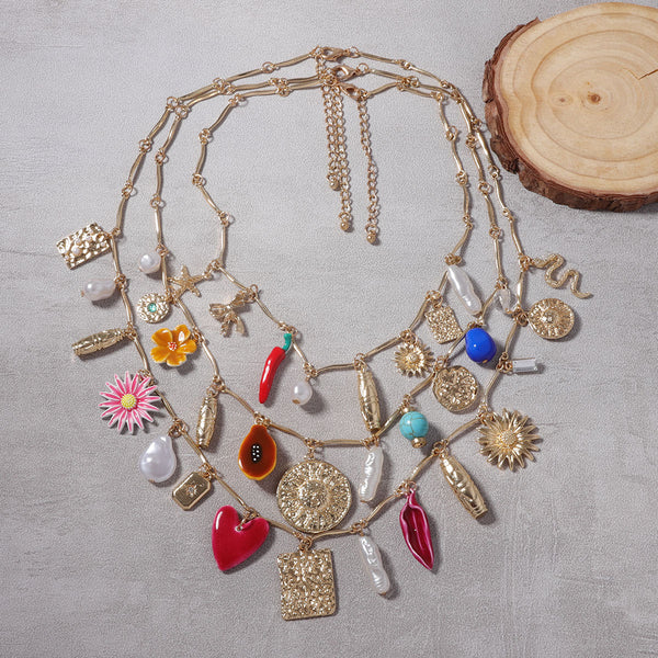 Multi Layer Charm Pearl Enamel 18K Gold Necklace For Women Main image