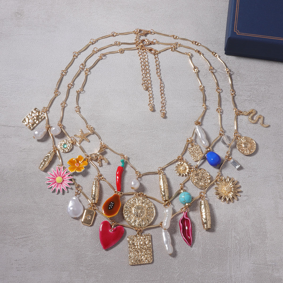 Multi Layer Charm Pearl Enamel 18K Gold Necklace For Women