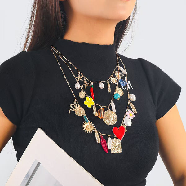 Multi Layer Charm Pearl Enamel 18K Gold Necklace For Women Secondary image