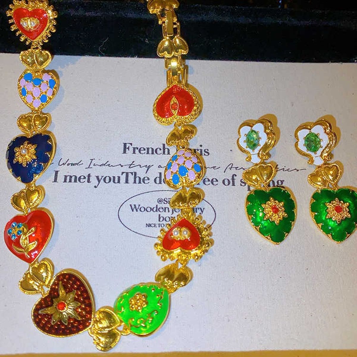 Rainbow Heart Crystal Pearl Gold Multi Necklace Earring Set Bulk Main image
